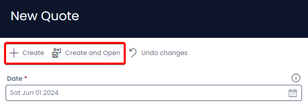 A screenshot of the &quot;Create&quot; and &quot;Create and Open&quot; buttons at the top of the &quot;New Quote&quot; create screen. The screenshot is annotated with a red box to highlight the location of the buttons.